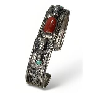 VTG Sterling Silver Turquoise Red Coral Cuff Bracelet- Ornate Design Adjustable
